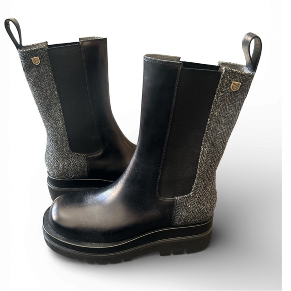 Islander Tara Chunky Black Boots with Harris Tweed accent - Picture 3 of 7